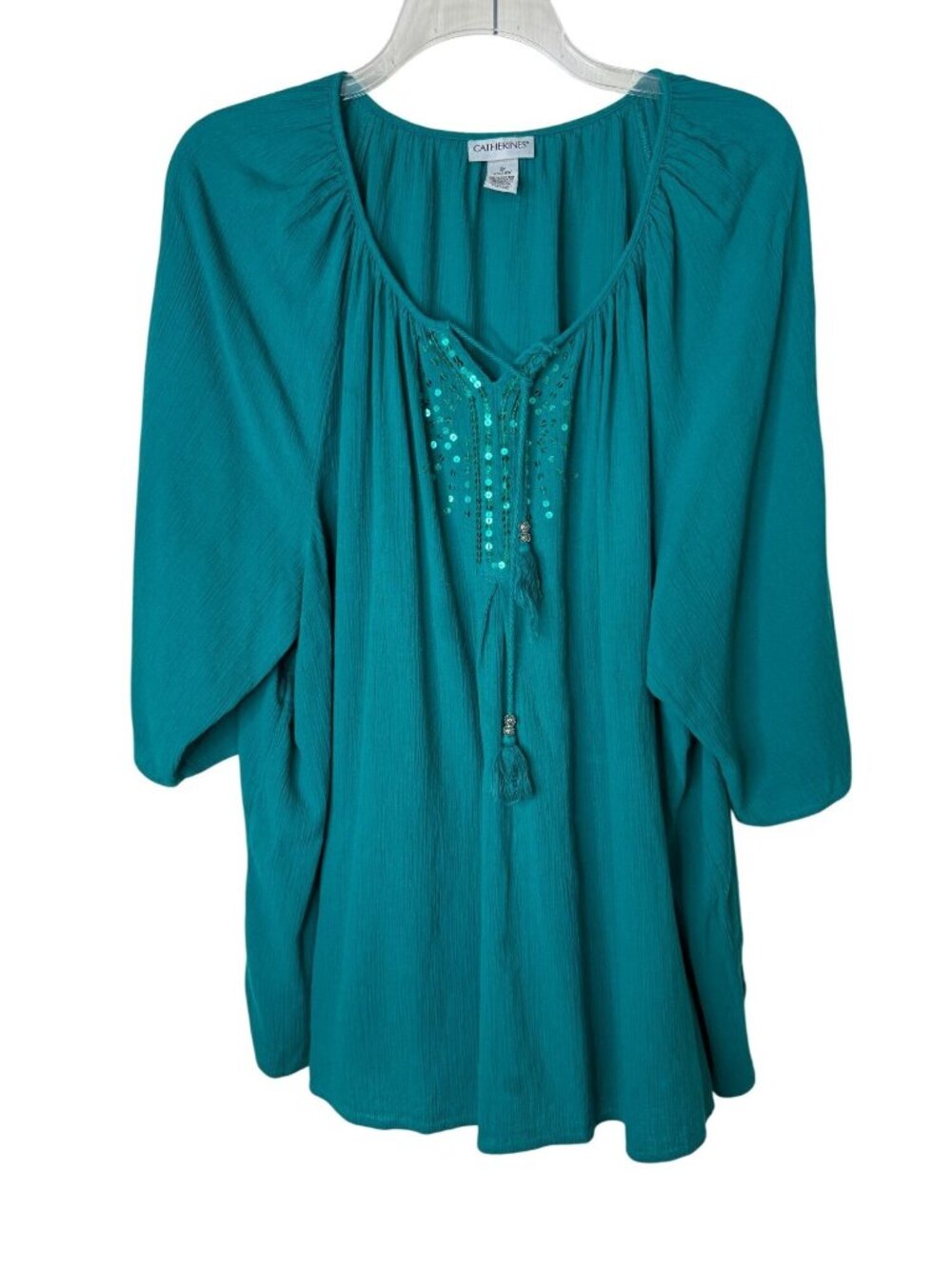 Catherines Womens 3X Teal Sequin Detail Blouse With Tassels 26/28W Peasant Beach